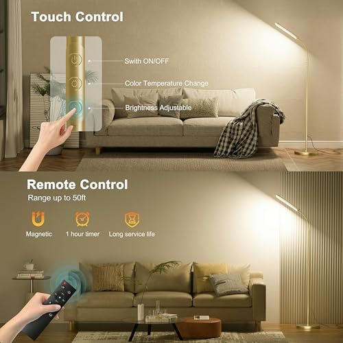 Yikuneng Dimmable LED Floor Lamp, Super Bright Reading Lamps Floor Standing lamp with Remote & Touch Control, Stepless Dimming & 2700K-6500K Color Temperature, for Living Room Bedroom Office, Gold