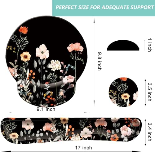 Keyboard Wrist Rest Pad Mouse Pad with Wrist Support Set of 3, Mousepad with Non-Slip Rubber Base, Ergonomic Memory Foam Mouse Wrist Cushion Support for Home Office Laptop Computer, Flower Black