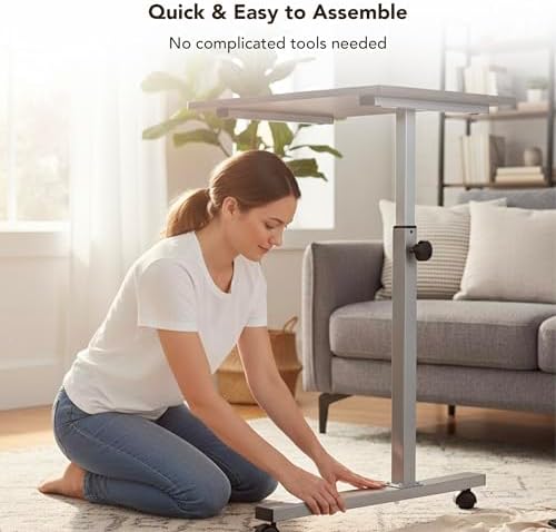 Displays By Jack Adjustable Height Rolling Laptop Desk, Silver Mobile Sit Stand Computer Table on Wheels – 24 x 15 in Portable Workstation for Home Office, Study Room, Classroom