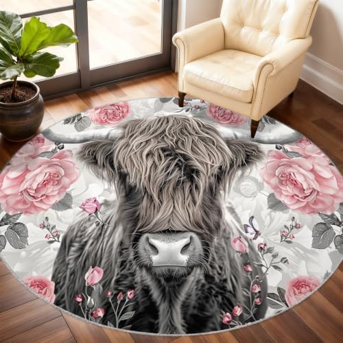 Highland Cattle Round Area Rug - 2.6ft Washable Highland Cattle Round Rug for Kitchen, Country Flowers Circle Rugs Soft Non-Slip Carpet for Bathroom Entryway Decor Mat