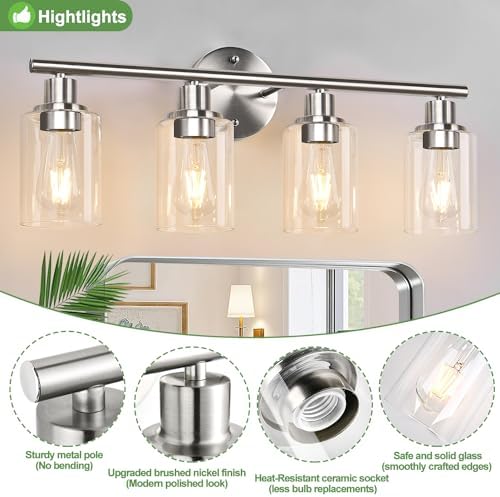 4-Light Bathroom Light Fixtures, Brushed Nickel Modern Vanity Lights Over Mirror with Clear Glass Shade, Bathroom Wall Lamp for Mirror Kitchen Living Room Hallway Cabinet Porch Bedroom Reading room