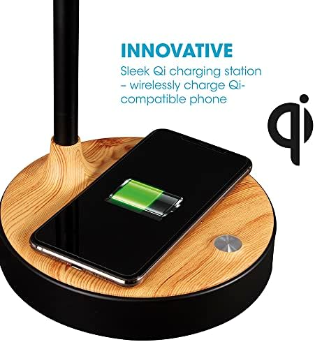 OttLite LED Table Lamp with Wireless Charging and USB, Black with Wood