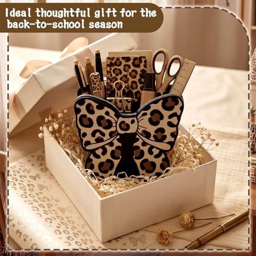Tenceur Leopard Print Bow Holder for Desk Large Capacity Bow Pencil Holder