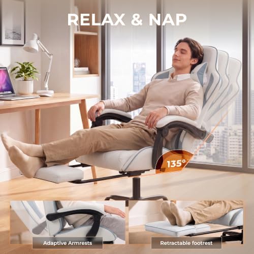 Dowinx Gaming Chair with Footrest, Ergonomic Office Chair, White Blue