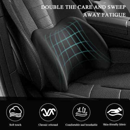 Car Lumbar Support Cushion, Ergonomic Memory Foam Car Back Support w/Removable Cover, Universal Breathable Lumbar Cushion Back Support Pillow with Adjusatble Strap (Black)