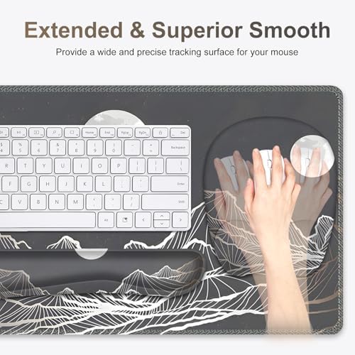 Large Mouse Pad, Keyboard Wrist Rest Set, Ergonomic Mouse Pad with Wrist Support, Desk Mat with Stitched Edges + Coaster, Extended Desk Pad Waterproof Desk Mat for Home Office Game I Moon and Valley