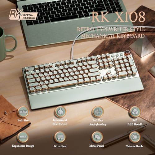 RK ROYAL KLUDGE X108 Typewriter Style Mechanical Keyboard, Wired Gaming Keyboard 108 Keys RGB Backlit Sidelight, Detachable Wrist Rest, Volume Knob, Retro Round Keycaps Blue Switches - Green