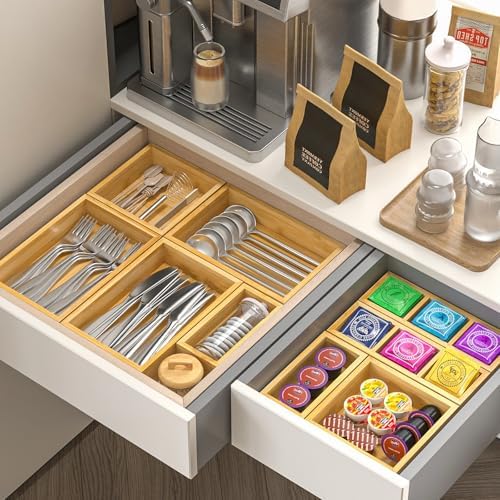 Bamboo Drawer Organizer, Set of 9 Wood Kitchen Junk Tea Desk Office Tray, Wooden Storage Boxes Organizers for Bathroom, Office (2" H 9 Boxes)