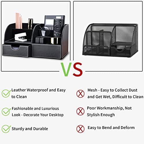 KINGFOM Pu Leather Desk Organizer Pen Pencil Holder Office Supplies Caddy Storage Box 6 Compartments with Drawer Black
