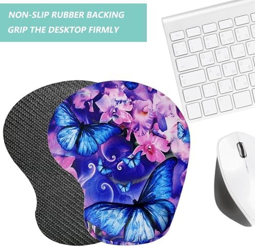 Mouse Pad with Wrist Support, Ergonomic Mouse Pads with Memory Foam Wrist Rest, Easy Typing Pain Relief, Comfortable Home Office Computer Wrist Support Pads for Working Studying, Butterfly Flowers
