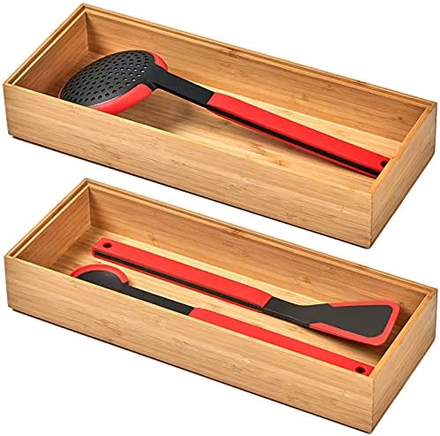Umilife Bamboo Kitchen Drawer Organizer Boxes with Anti-Skid Silicone Feet, 2pcs Stackable Storage Bins for Kitchen Utensils & Silverware & Desk Drawer & Makeup, Tools Holder, 15”L x 6”W x 2.5”D Each
