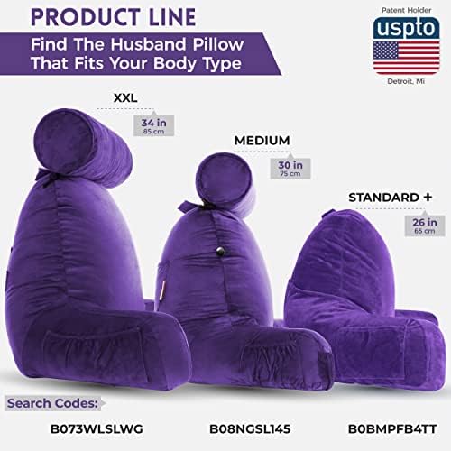Husband Pillow Reading Pillow with Arms - Standard Backrest for Sitting Up in Bed - Firm Support Bed Rest Pillow for Adults, Neck Roll, Removable Cover -TV, Reading, Lounging - Purple