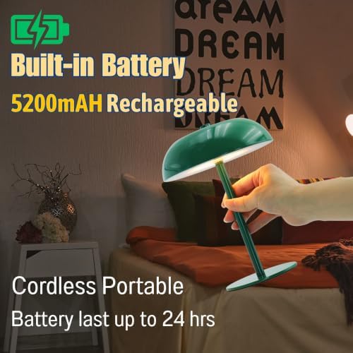 Cordless LED Mushroom Table Lamp, 5200mAh Battery, Dimmable 3 Color, Green