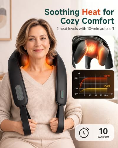 Cordless 4D Shiatsu Neck & Shoulder Massager with Heat, Home Office Travel