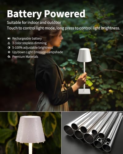 KDG 2 Pack Cordless White Table Lamps, Rechargeable Portable LED Desk Lamps