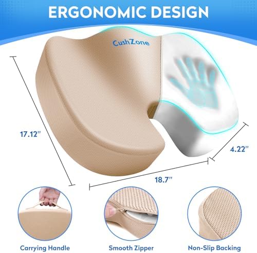 CushZone XXL Memory Foam Seat Cushion for Office & Car, Khaki