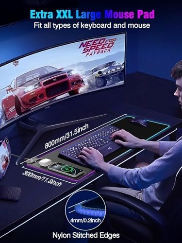 Mouse Pad with Magnetic Wireless Charging, Large Desk Pad Protector, RGB Black Desk Mat with 15W Fast Charger, Non-Slip Waterproof Mousepad for Office Home Gaming