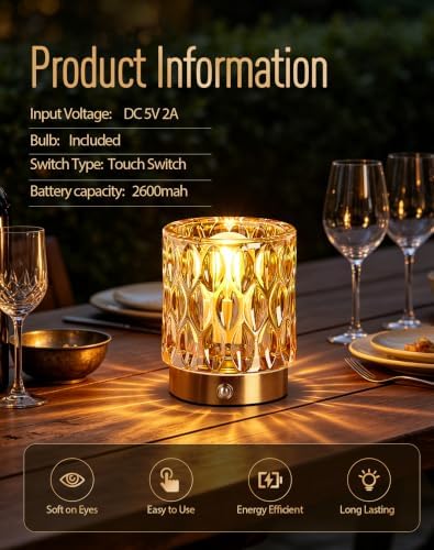 Cordless Mini Crystal Rechargeable Table Lamp No Plug with Touch Control