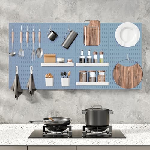 MULSAME Pegboard Combination Kit, Wall Mounted Storage Set with 4 Pegboards & 14 Accessories Hanging, Blue Peg Boards Organizer for Walls Display, Crafts Organization, Kitchen Organizer, 22" x 22"