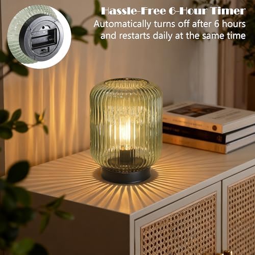 LUSHARBOR Battery Operated Lamp, Cordless Table Lamps for Home Decor, Battery Powered Nightlight with LED Bulb, Decorative Glass Beside Lamp for Bedroom Living Room-Green