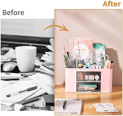 Marbrasse Pen Organizer with 2 Drawer, Multi-Functional Pencil Holder for Desk, Desk Organizers and Accessories with 5 Compartments + Drawer for Office Art Supplies (Pink)