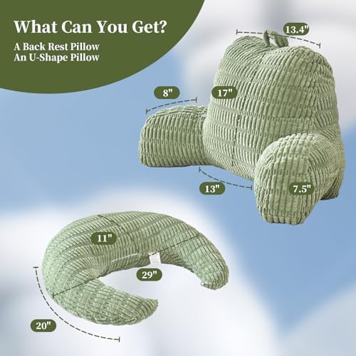 17" Reading Pillow for Bed,U Shaped Arm & Elbow Support,Green Corduroy