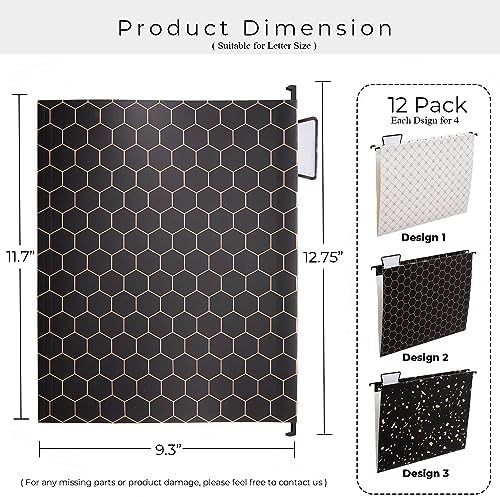 Y YOMA 12 Pack Decorative Hanging File Folders Letter Size Rose Gold File Folder Pretty Hanging Folder Organizer for Filing Cabinet Office Home with 1/5-Cut Adjustable Tabs, 3 Black Foil Design