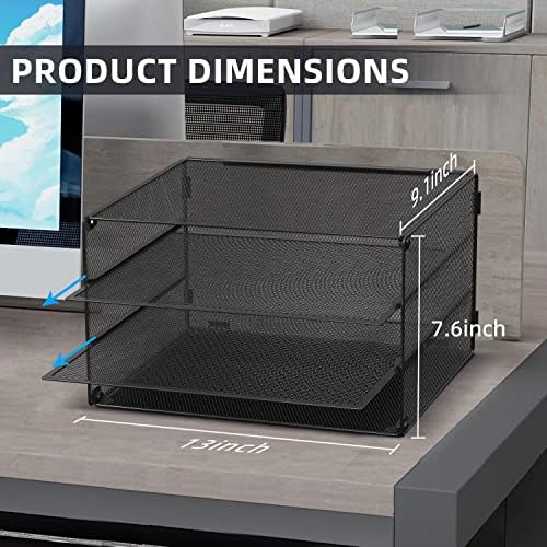 DALTACK 3 Tier Letter Tray Paper Organizer with Sliding Mesh Trays Black