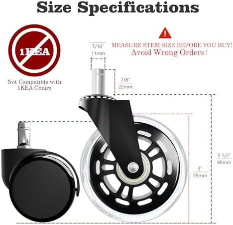 Office Chair Wheels Replacement,3" Rubber Casters 7/16" Stem,Universal fit for Most Rolling/Gaming Chairs,Floor Protection for Carpet/Hardwood/Tile,Smooth&Quiet Rolling,Set of 5 (Transparent)