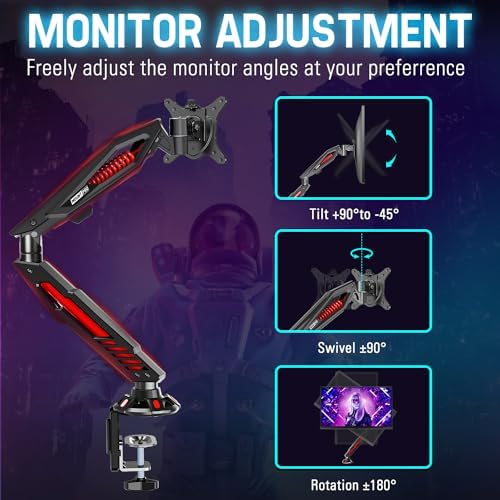 MOUNT PRO Single Gaming Monitor Stand - Mechanical Spring Display Mount, Adjustable Gaming Monitor Arm with C Clamp and Grommet Mounting Base - Fits for Computer Screen up to 32”, VESA 75x75, 100x100