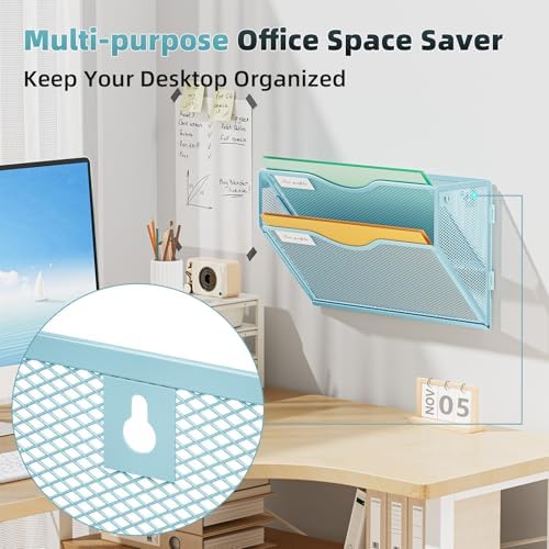 Marbrasse Wall File Holder 2-Tier Hanging Wall File Organizer, Mesh Mail Holder for Papers, Wall Mount File Clipboard & Magazine Organizer Great for Office Home (Blue)