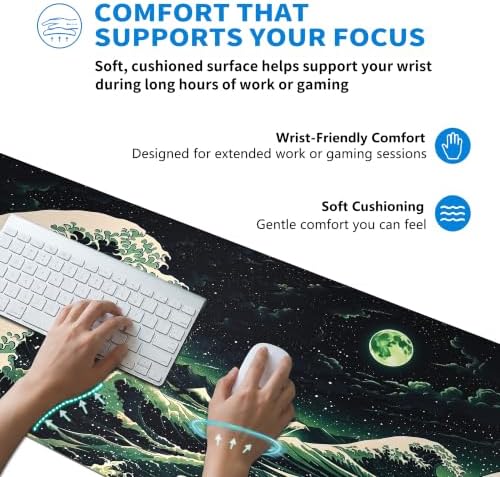 Extended Japanese Great Wave Desk Mat, XL Large Gaming Mouse Pad, Moonlit Ocean Stitched Edges Waterproof with Non-Slip Rubber Base for Computer Keyboard Laptop Work Home Office 31.5"x11.8"