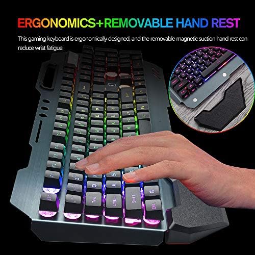 Wireless Gaming Keyboard and Mouse,RGB Backlit Rechargeable Keyboard Mouse with 5000mAh Battery Metal Panel,Removable Hand Rest Mechanical Feel Keyboard and 7 Color Gaming Mute Mouse for PC Gamer