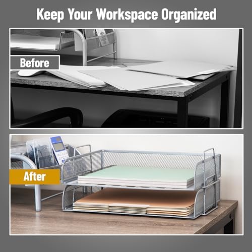 Mind Reader Stackable Paper Tray, Desktop Organizer, File Storage, Office, Metal Mesh, 2 Pcs., Silver