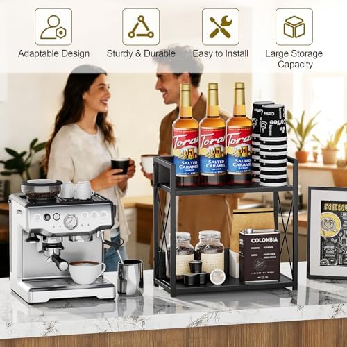 Giikin Kitchen Countertop Organizer, 2 Tier Coffee Bar Organizer, Black Spice Rack for Counter, Kitchen Counter Shelves, Particleboard,15.8" L x 7.9" W x 15.8" H (Black, L)