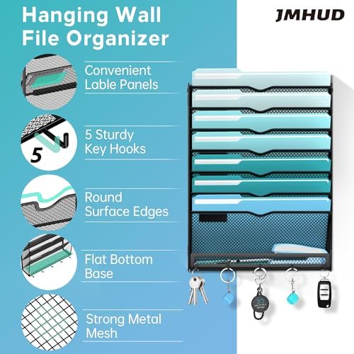 8-Tier Wall File Organizer and Mail Organizer with 5 Hooks, Black