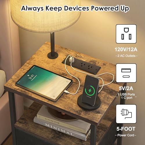 Fixwal Nightstand with Lights Bedside Table with 3 Color Temperatures Bulb, Night Stand with Charging Station End Table with Adjustable Fabric Drawer for Bedroom Dorm