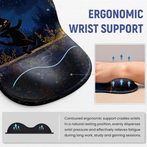 Ergonomic Mouse Pad with Wrist Rest, Gel Wrist Support, Starlit Cat