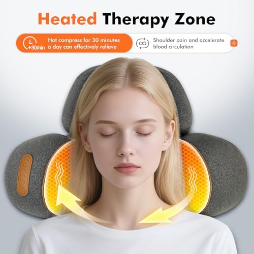Cordless Electric Neck Massager Pillow for Pain Relief Deep Tissue, 3-in-1 Rechargeable Neck Cervical Traction Device with Heat, Massage, Stretch, Ergonomic Neck Shoulder Relaxer Gifts for Women