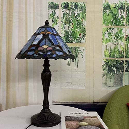 Bieye L10683 Baroque Tiffany Style Stained Glass Table Lamp Night Light with 12 Inch Wide Blue Lampshade for Bedside Bedroom Living Room, 20 inch Tall