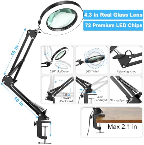 30X 10X Magnifying Glass with Light and Clamp, Real Glass Lighted Magnifier, 5 Color Modes Stepless Dimmable LED Desk Lamp Hands Free for Crafts Hobby Reading Painting Sewing Close Work Black