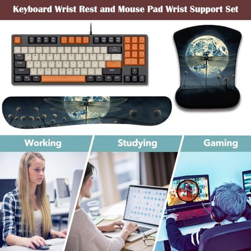 Keyboard Wrist Rest and Mouse Pad Wrist Support with Lace-Shaped Coaster Set, Ergonomic Gel Memory Foam and Anti-Slip Base, Easy Typing and Pain Relief - Dragonfly Moon