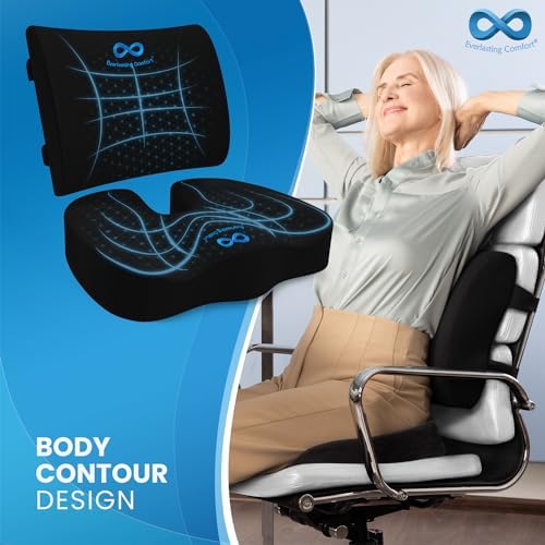 Everlasting Comfort Gel Memory Foam Seat Cushion and Lumbar Support Pillow for Office Chair Bundle