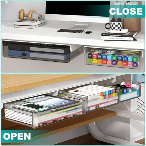 SVNNELP Under Desk Table Drawer Storage Organizer,3 Pack Small & Medium & Large Slide Out Desk Drawers - Hidden Desktop Organizer,Adhesive Storage Pencil Tray Under Table(Clear/LMS)