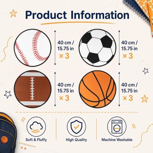 12Pcs Sports Themed Carpet Circle Seats 16x16 Inch Round Classroom Rug Baseball Basketball Football Rugby Soft Non-Slip Washable Floor Cushions Ball Sports Fluffy Mat for Back to School Home Supplies
