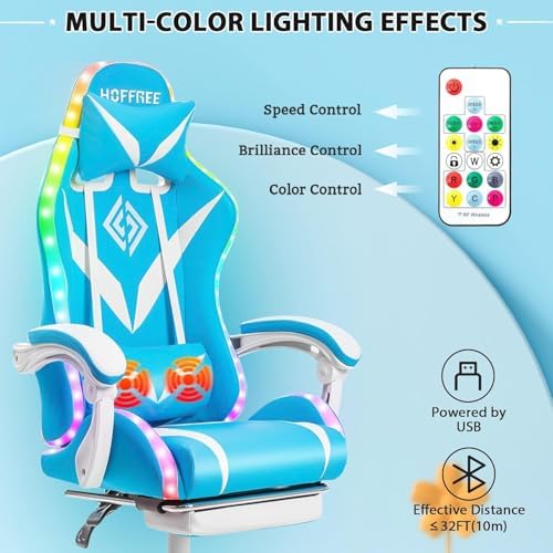 RGB Gaming Chair with Massage&Footrest Racing Style Computer Chair-Sky Blue