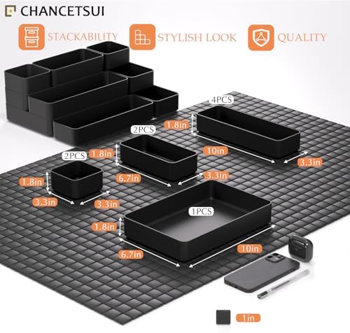 Black Bathroom Drawer Organizer Trays: 9 PC Stackable Desk Organizers Bin