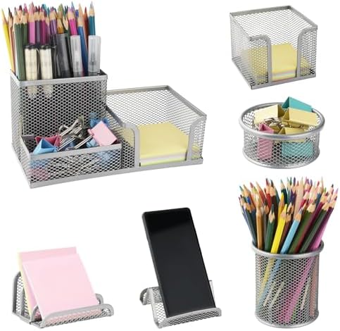 6 Pack Mesh Metal Desk Organizer Stationery Storage Set Silver