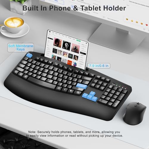 Wireless Keyboard and Mouse Combo, Full Size Ergonomic Wave Keys(Blue)