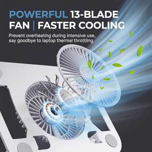 Adjustable Laptop Cooling Stand, 3-Speed Fan with RGB, 360° Rotating Base, Carbon Steel Foldable Laptop Riser, Ergonomic Height & Angle Adjustable Cooling Pad for Laptops & Tablets Up to 16” (Silver)